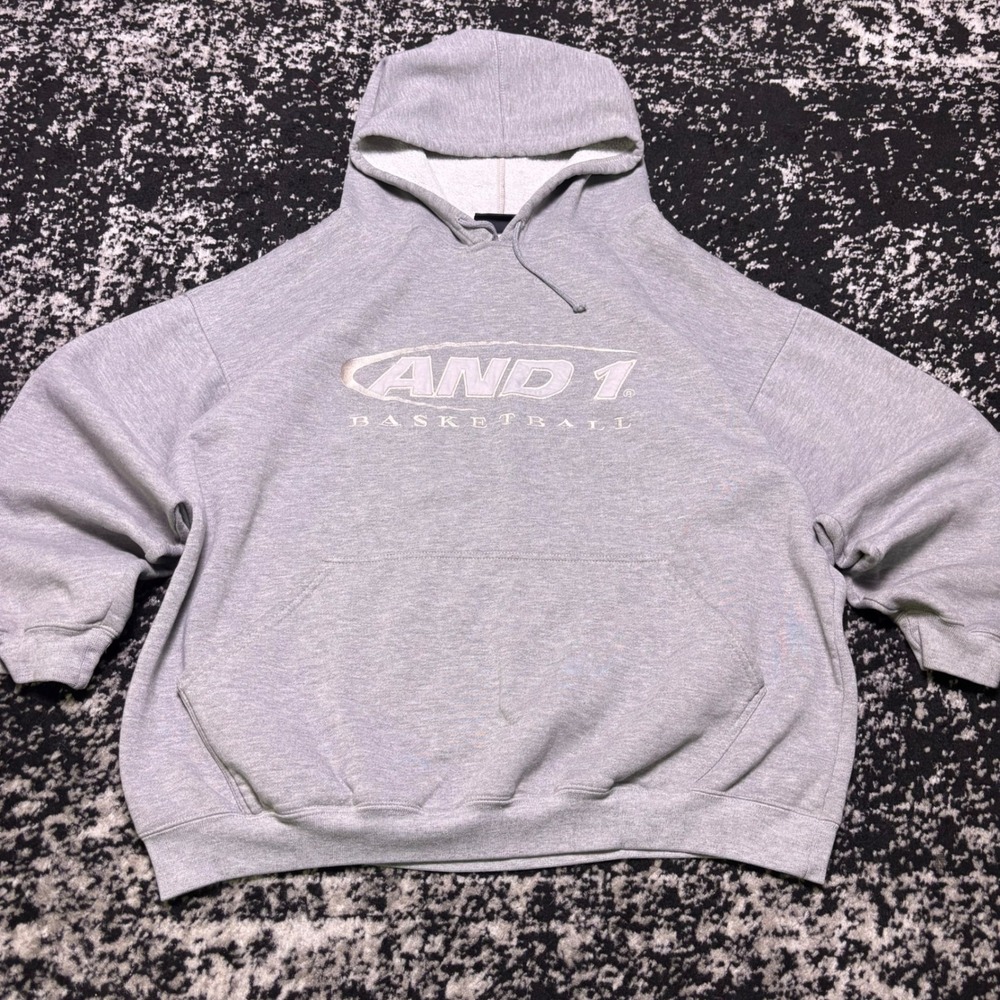Vintage AND1 Basketball Hoodie Mens XL Gray Y2K Embroidered Pullover Sweatshirt